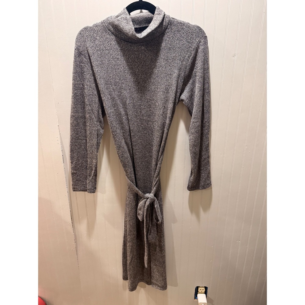 Fraiche by J Womens Grey Knit Turtleneck Midi Dress Tie Waist Size M Made in USA